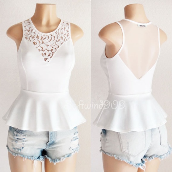 Alex & Jane Tops - Ivory White Lace Mesh Inset Knit CUTE Peplum Top